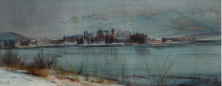 Winterabend bei Rapperswil, 1971, Aquarell auf Seide 11 x 27 cm